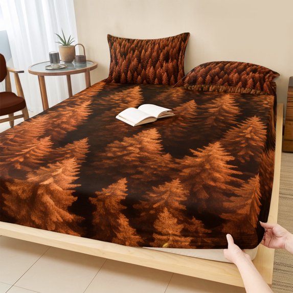 Full Size Fitted Sheet Set - Burnt Orange Forest 3 Piece Bedding Sets 16" Deep Pocket Fitted Sheet with 2 Pillowcases Pine Trees Modern Mysterious Art Brushed Microfiber Hotel Luxury Bed Sheets