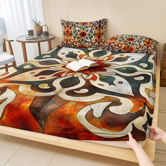 Full Size Fitted Sheet Set - Burnt Orange Green 3 Piece Bedding Sets 16" Deep Pocket Fitted Sheet with 2 Pillowcases Vintage Abstract Flowers Brushed Microfiber Hotel Luxury Bed Sheets