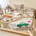 thumbnail image 1 of Full Size Fitted Sheet Set - Cars Buses 3 Piece Bedding Sets 16" Deep Pocket Fitted Sheet with 2 Pillowcases, Cartoon Brown City Street Map Traffic Educational Brushed Microfiber Hotel Bed Sheets, 1 of 9