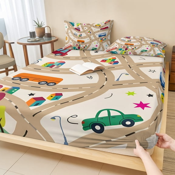 Full Size Fitted Sheet Set - Cars Buses 3 Piece Bedding Sets 16" Deep Pocket Fitted Sheet with 2 Pillowcases, Cartoon Brown City Street Map Traffic Educational Brushed Microfiber Hotel Bed Sheets