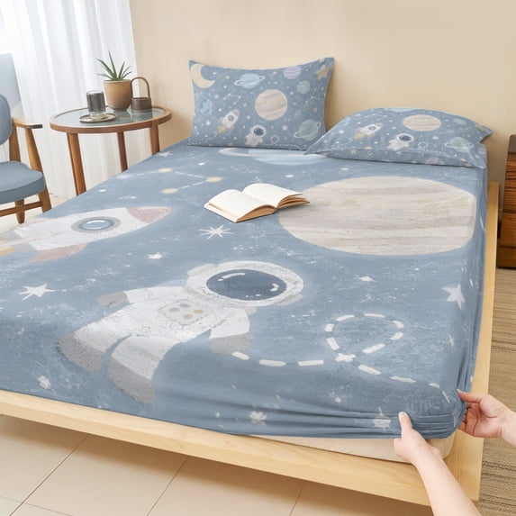 Full Size Fitted Sheet Set - Cartoon Universe 3 Piece Bedding Sets 16" Deep Pocket Fitted Sheet with 2 Pillowcases, Retro Blue Outer Space Moon Rocket Brushed Microfiber Hotel Luxury Bed Sheets