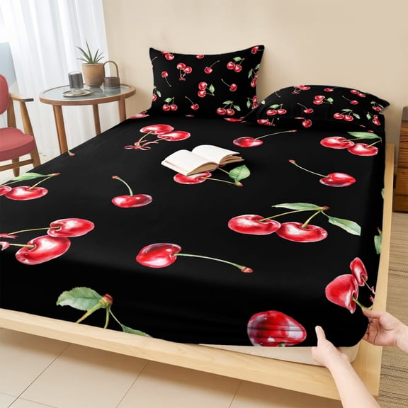 Full Size Fitted Sheet Set - Cherry Rustic 3 Piece Bedding Sets 16" Deep Pocket Fitted Sheet with 2 Pillowcases Spring Summer Tropic Fruit Black Brushed Microfiber Hotel Luxury Bed Sheets