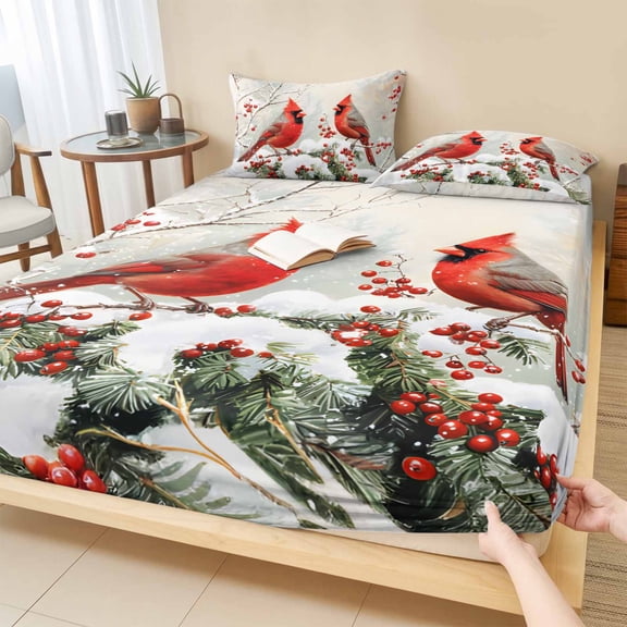 Full Size Fitted Sheet Set - Christmas 3 Piece Bedding Sets 16" Deep Pocket Fitted Sheet with 2 Pillowcases, Red Birds Snowflake Berry Botanical Brushed Microfiber Hotel Luxury Bed Sheets