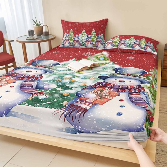 Full Size Fitted Sheet Set - Christmas, 3 Piece Bedding Sets 16" Deep Pocket Fitted Sheet with 2 Pillowcases, Red Snowman Snowflake Pine Tree Brushed Microfiber Hotel Luxury Bed Sheets