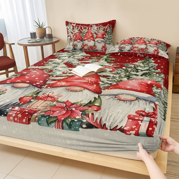 Full Size Fitted Sheet Set - Christmas 3 Piece Bedding Sets 16" Deep Pocket Fitted Sheet with 2 Pillowcases, Snowflake Gnomes Retro Xmas Tree Red Brushed Microfiber Hotel Luxury Bed Sheets