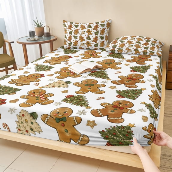 Full Size Fitted Sheet Set - Christmas 3 Piece Bedding Sets 16" Deep Pocket Fitted Sheet with 2 Pillowcases, Xmas Pine Tree Winter Snowflakes Brushed Microfiber Hotel Luxury Bed Sheets