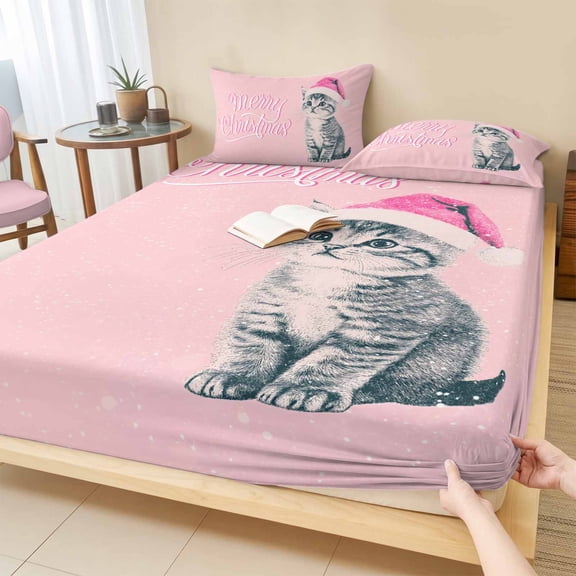Full Size Fitted Sheet Set - Christmas Cat 3 Piece Bedding Sets 16" Deep Pocket Fitted Sheet with 2 Pillowcases, Winter Snowflake Xmas Cute Animal Brushed Microfiber Hotel Luxury Bed Sheets