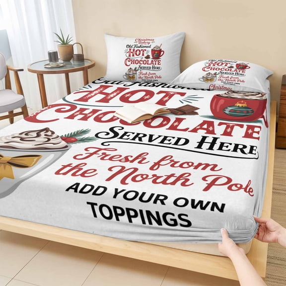 Full Size Fitted Sheet Set - Christmas Hot Chocolate 3 Piece Bedding Sets 16" Deep Pocket Fitted Sheet with 2 Pillowcases, Winter Cocoa Vintage Brushed Microfiber Hotel Luxury Bed Sheets