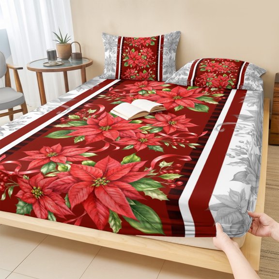 Full Size Fitted Sheet Set - Christmas Poinsettia 3 Piece Bedding Sets 16" Deep Pocket Fitted Sheet with 2 Pillowcases, Dark Red Grey Xmas Botanical Brushed Microfiber Hotel Luxury Bed Sheets