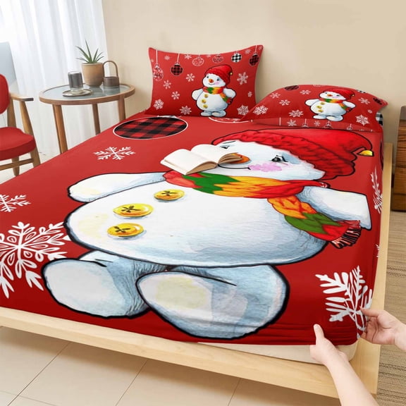 Full Size Fitted Sheet Set - Christmas Red 3 Piece Bedding Sets 16" Deep Pocket Fitted Sheet with 2 Pillowcases, Cute Snowman Xmas Balls Winter Snowflake Brushed Microfiber Hotel Luxury Bed Sheets