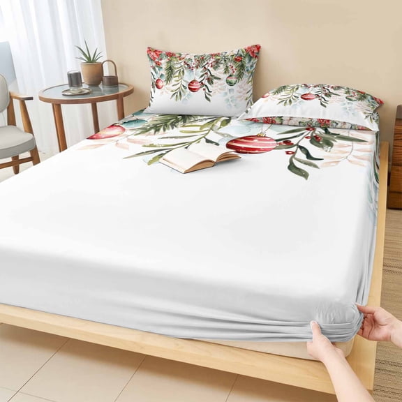 Full Size Fitted Sheet Set - Christmas Snowflakes 3 Piece Bedding Sets 16" Deep Pocket Fitted Sheet with 2 Pillowcases, Winter Poinsettia Xmas Balls Floral Leaf Brushed Microfiber Hotel Bed Sheets