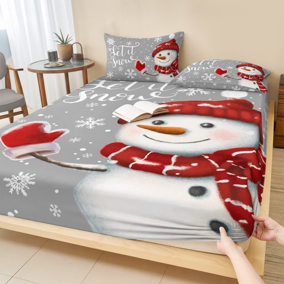 Full Size Fitted Sheet Set - Christmas Snowman 3 Piece Bedding Sets 16" Deep Pocket Fitted Sheet with 2 Pillowcases, Xmas Let Snow Winter Snowflake Grey Brushed Microfiber Hotel Luxury Bed Sheets