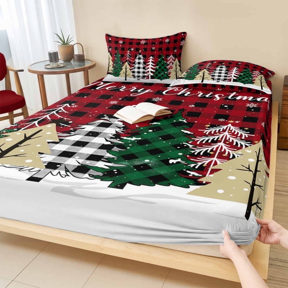 Full Size Fitted Sheet Set - Christmas Tree 3 Piece Bedding Sets 16" Deep Pocket Fitted Sheet with 2 Pillowcases, Red Black Checkered Xmas Tree Winter Snowflake Brushed Microfiber Hotel Bed Sheets
