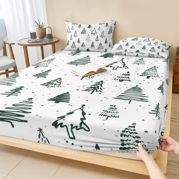 Full Size Fitted Sheet Set - Christmas Tree 3 Piece Bedding Sets 16" Deep Pocket Fitted Sheet with 2 Pillowcases, Xmas Green Cartoon Tree Snowflakes Farmhouse Brushed Microfiber Hotel Bed Sheets