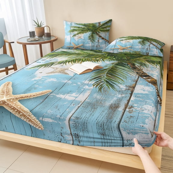 Full Size Fitted Sheet Set - Coastal Beach Blue 3 Piece Bedding Sets 16" Deep Pocket Fitted Sheet with 2 Pillowcases Tropical Coconut Tree Vintage Wood Grain Brushed Microfiber Hotel Bed Sheets