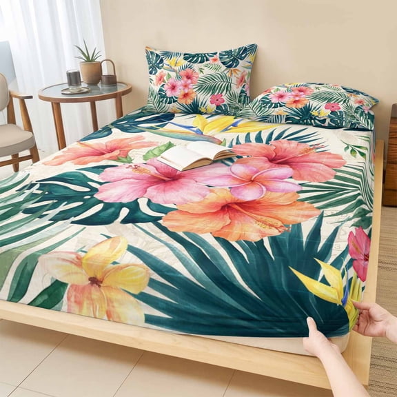 Full Size Fitted Sheet Set - Coastal Floral 3 Piece Bedding Sets 16" Deep Pocket Fitted Sheet with 2 Pillowcases, Summer Palm Leaf Tropical Botanical Brushed Microfiber Hotel Luxury Bed Sheets