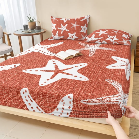 Full Size Fitted Sheet Set - Coastal Starfish 3 Piece Bedding Sets 16" Deep Pocket Fitted Sheet with 2 Pillowcases, Terracotta Red Nautical Vintage Marine Life Brushed Microfiber Hotel Bed Sheets