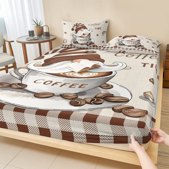 Full Size Fitted Sheet Set - Coffee Gnomes 3 Piece Bedding Sets 16" Deep Pocket Fitted Sheet with 2 Pillowcases Brown Buffalo Plaid Check Farmhouse Brushed Microfiber Hotel Luxury Bed Sheets