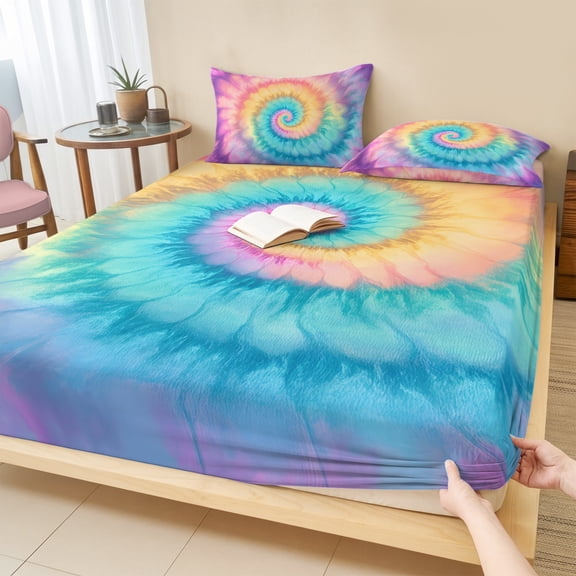 Full Size Fitted Sheet Set - Colorful Tie Dye 3 Piece Bedding Sets 16" Deep Pocket Fitted Sheet with 2 Pillowcases Rainbow Ombre Abstract Pattern Art Brushed Microfiber Hotel Luxury Bed Sheets