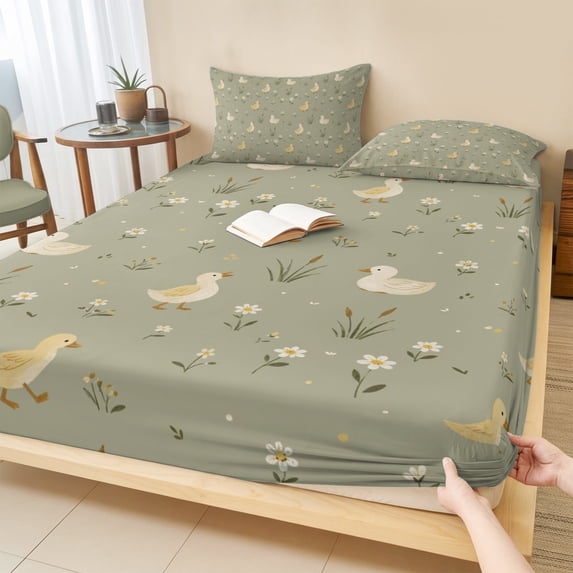 Full Size Fitted Sheet Set - Cute Duck Daisy 3 Piece Bedding Sets 16" Deep Pocket Fitted Sheet with 2 Pillowcases, Summer Spring Floral Sage Green Brushed Microfiber Hotel Luxury Bed Sheets