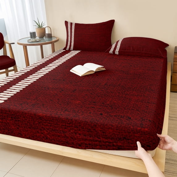 Full Size Fitted Sheet Set - Deep Red Texture 3 Piece Bedding Sets 16" Deep Pocket Fitted Sheet with 2 Pillowcases, Country Farmhouse Burlap Stripes Brushed Microfiber Hotel Luxury Bed Sheets