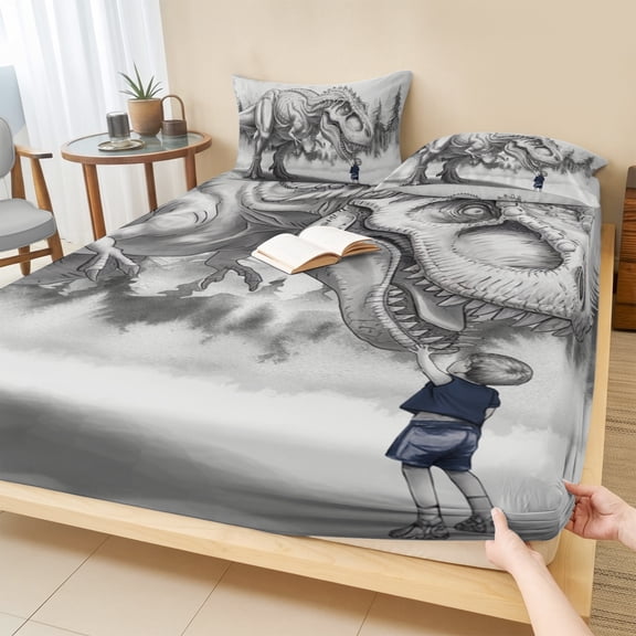 Full Size Fitted Sheet Set - Dinosaurs Boy 3 Piece Bedding Sets 16" Deep Pocket Fitted Sheet with 2 Pillowcases Gray Funny Cartoon Forest Animals Brushed Microfiber Hotel Luxury Bed Sheets