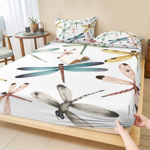 Full Size Fitted Sheet Set - Dragonfly 3 Piece Bedding Sets 16" Deep Pocket Fitted Sheet with 2 Pillowcases Watercolor Colorful Nature Painting Art Brushed Microfiber Hotel Luxury Bed Sheets