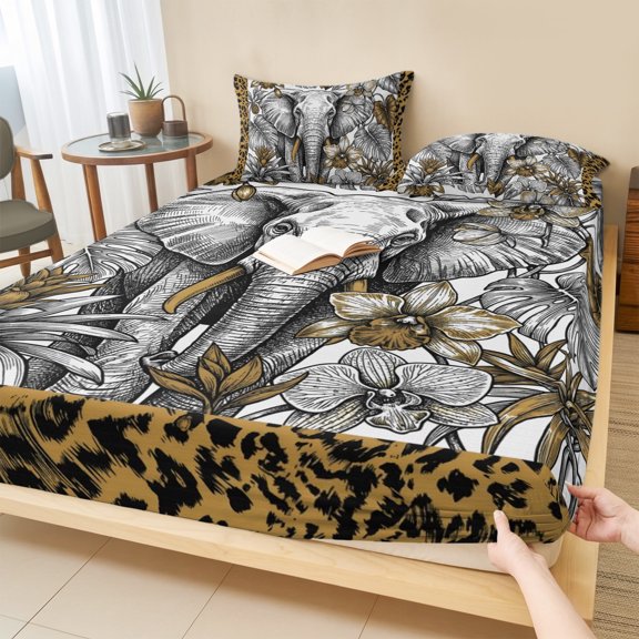 Full Size Fitted Sheet Set - Elephant 3 Piece Bedding Sets 16" Deep Pocket Fitted Sheet with 2 Pillowcases, Tropical Flowers Palm Leaves Leopard Prints Brushed Microfiber Hotel Luxury Bed Sheets