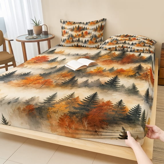 Full Size Fitted Sheet Set - Fall 3 Piece Bedding Sets 16" Deep Pocket Fitted Sheet with 2 Pillowcases, Autumn Country Forest Orange Green Pine Trees Brushed Microfiber Hotel Luxury Bed Sheets