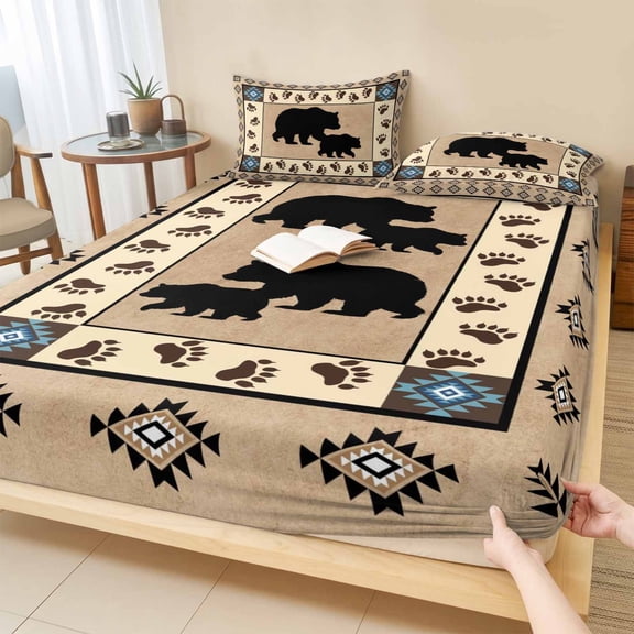 Full Size Fitted Sheet Set - Farmhouse Bear 3 Piece Bedding Sets 16" Deep Pocket Fitted Sheet with 2 Pillowcases Country Vintage Animals Paw Print Brown Brushed Microfiber Hotel Luxury Bed Sheets