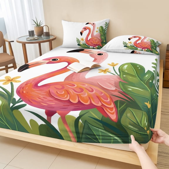 Full Size Fitted Sheet Set - Flamingo 3 Piece Bedding Sets 16" Deep Pocket Fitted Sheet with 2 Pillowcases, Summer Botanical Flowers Tropical Leaves Brushed Microfiber Hotel Luxury Bed Sheets