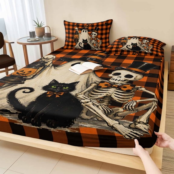 Full Size Fitted Sheet Set - Funny Ghost Halloween 3 Piece Bedding Sets 16" Deep Pocket Fitted Sheet with 2 Pillowcases, Black Cats Skull Orange Plaid Brushed Microfiber Hotel Luxury Bed Sheets