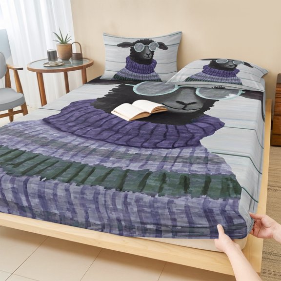 Full Size Fitted Sheet Set - Funny Sheep 3 Piece Bedding Sets 16" Deep Pocket Fitted Sheet with 2 Pillowcases, Cartoon Chic Glasses Animals Wooden Grain Brushed Microfiber Hotel Luxury Bed Sheets