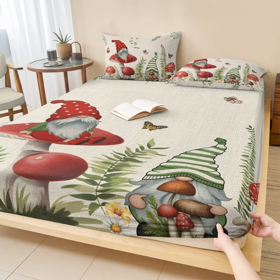 Full Size Fitted Sheet Set - Gnomes Mushroom 3 Piece Bedding Sets 16" Deep Pocket Fitted Sheet with 2 Pillowcases Farmhouse Vintage Leaves Plants Butterfly Brushed Microfiber Hotel Luxury Bed Sheets