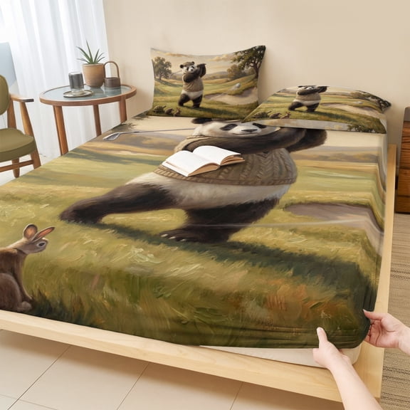 Full Size Fitted Sheet Set - Golf Panda 3 Piece Bedding Sets 16" Deep Pocket Fitted Sheet with 2 Pillowcases, Watercolor Funny Animal Field Sports Brushed Microfiber Hotel Luxury Bed Sheets