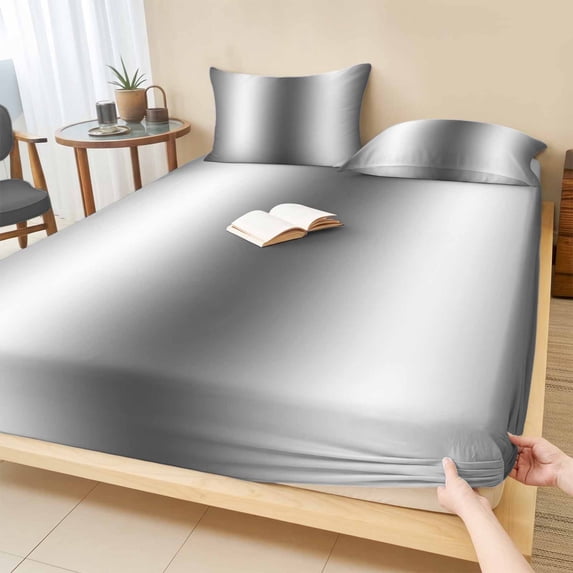 Full Size Fitted Sheet Set - Gray White Ombre 3 Piece Bedding Sets 16" Deep Pocket Fitted Sheet with 2 Pillowcases Abstract Art Modern Grey Gradient Brushed Microfiber Hotel Luxury Bed Sheets