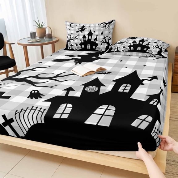 Full Size Fitted Sheet Set - Halloween 3 Piece Bedding Sets 16" Deep Pocket Fitted Sheet with 2 Pillowcases, Black Ghost Bats Witch Silhouette Horror Plaid Gray Brushed Microfiber Hotel Bed Sheets