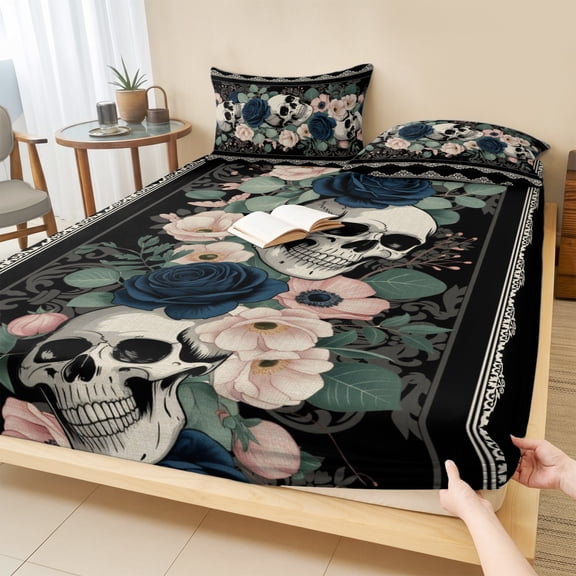 Full Size Fitted Sheet Set - Halloween 3 Piece Bedding Sets 16" Deep Pocket Fitted Sheet with 2 Pillowcases, Boho Horror Skull Flower Leaf Black Brushed Microfiber Hotel Luxury Bed Sheets