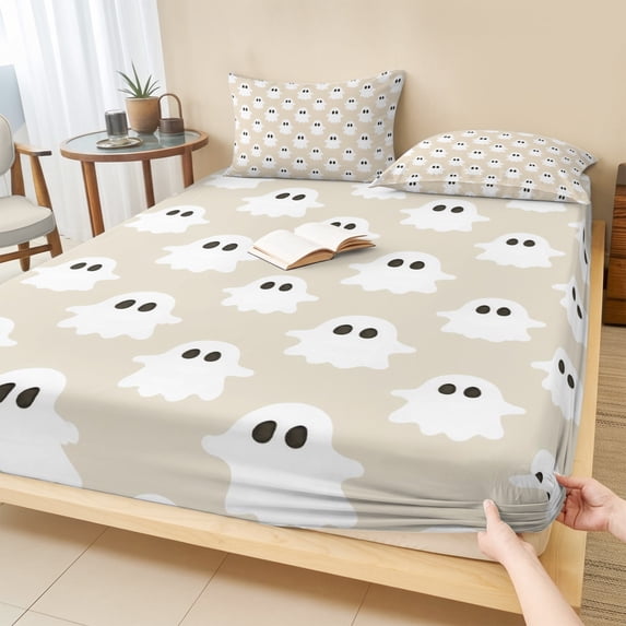 Full Size Fitted Sheet Set - Halloween 3 Piece Bedding Sets 16" Deep Pocket Fitted Sheet with 2 Pillowcases, Brown White Spooky Green Eyes Ghost Floating Brushed Microfiber Hotel Luxury Bed Sheets