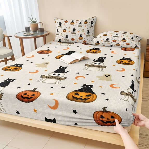 Full Size Fitted Sheet Set - Halloween 3 Piece Bedding Sets 16" Deep Pocket Fitted Sheet with 2 Pillowcases, Cats Ghosts Pumpkins Star Moon Rustic Brushed Microfiber Hotel Luxury Bed Sheets