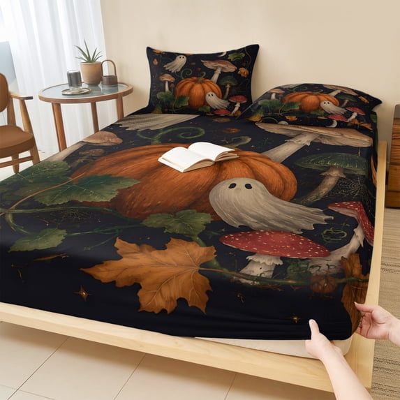 Full Size Fitted Sheet Set - Halloween 3 Piece Bedding Sets 16" Deep Pocket Fitted Sheet with 2 Pillowcases, Fall Ghost Orange Pumpkin Mushroom Leaves Brushed Microfiber Hotel Luxury Bed Sheets