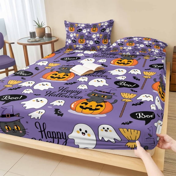 Full Size Fitted Sheet Set - Halloween 3 Piece Bedding Sets 16" Deep Pocket Fitted Sheet with 2 Pillowcases Orange Pumpkin Funny Ghost Black Cat Purple Brushed Microfiber Hotel Luxury Bed Sheets