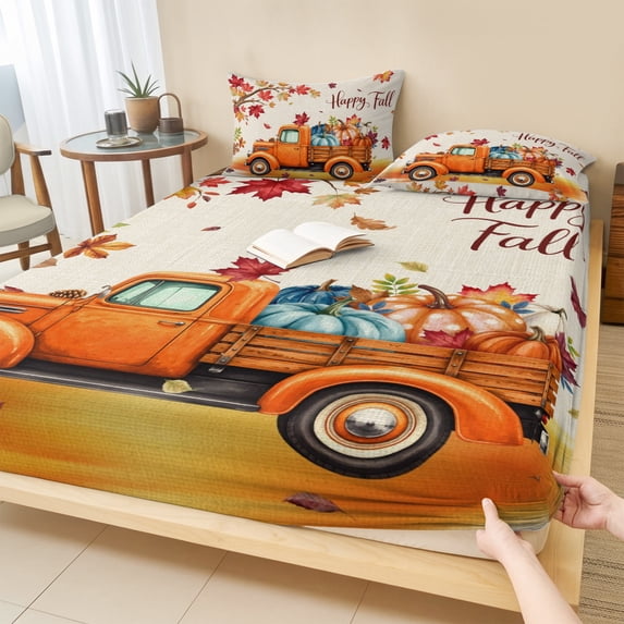 Full Size Fitted Sheet Set - Happy Fall 3 Piece Bedding Sets 16" Deep Pocket Fitted Sheet with 2 Pillowcases, Orange Truck Maple Branch Thanksgiving Rustic Brushed Microfiber Hotel Luxury Bed Sheets