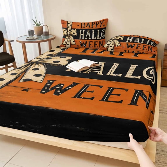 Full Size Fitted Sheet Set - Happy Halloween 3 Piece Bedding Sets 16" Deep Pocket Fitted Sheet with 2 Pillowcases, Orange Black Wooden Bow Brushed Microfiber Hotel Luxury Bed Sheets