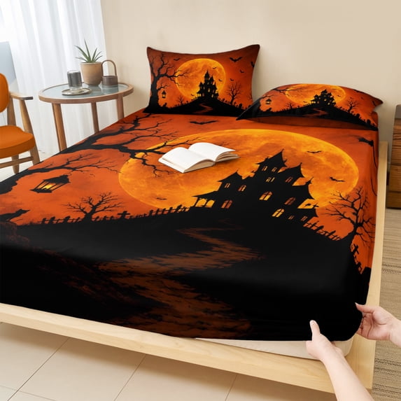 Full Size Fitted Sheet Set - Horror Castle Halloween 3 Piece Bedding Sets 16" Deep Pocket Fitted Sheet with 2 Pillowcases, Orange Moon Black Trees Bats Brushed Microfiber Hotel Luxury Bed Sheets
