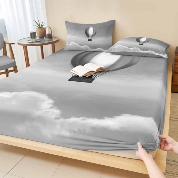 Full Size Fitted Sheet Set - Hot Air Balloon 3 Piece Bedding Sets 16" Deep Pocket Fitted Sheet with 2 Pillowcases, Vintage Grey Sky Clouds Minimalist Brushed Microfiber Hotel Luxury Bed Sheets