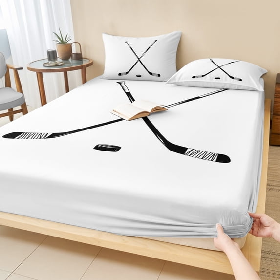 Full Size Fitted Sheet Set - Ice Hockey 3 Piece Bedding Sets 16" Deep Pocket Fitted Sheet with 2 Pillowcases Modern Minimalist Ball Sports Game Art Brushed Microfiber Hotel Luxury Bed Sheets