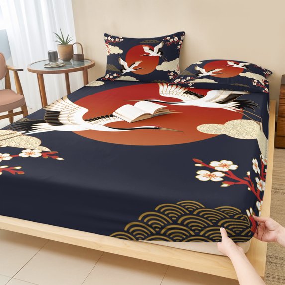Full Size Fitted Sheet Set - Japanese Style 3 Piece Bedding Sets 16" Deep Pocket Fitted Sheet with 2 Pillowcases Modern Cranes Cherry Flower Wave Red Blue Brushed Microfiber Hotel Luxury Bed Sheets