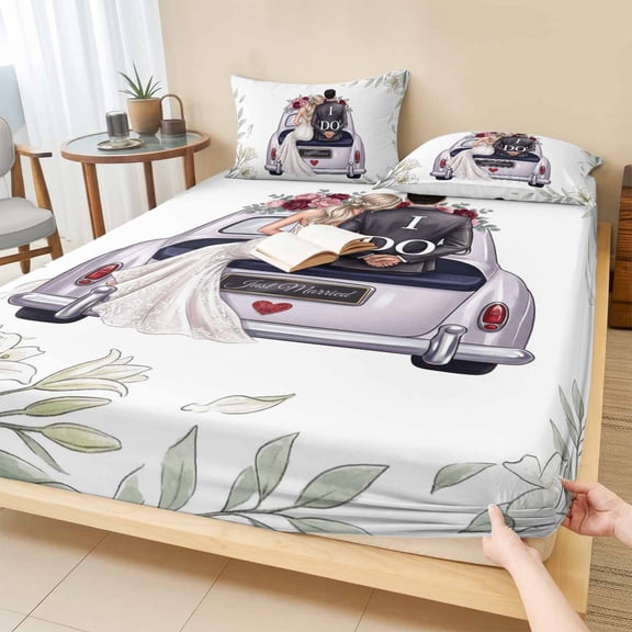 Full Size Fitted Sheet Set - Just Married 3 Piece Bedding Sets 16" Deep Pocket Fitted Sheet with 2 Pillowcases, Romantic Weeding Celebration Flowers Leaves Brushed Microfiber Hotel Luxury Bed Sheets