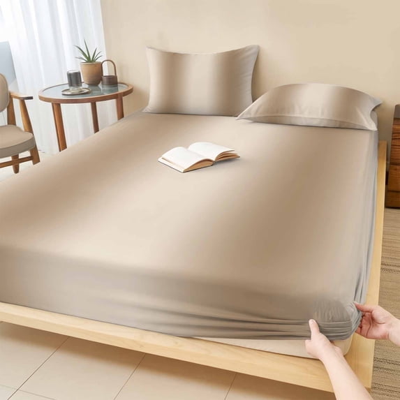 Full Size Fitted Sheet Set - Khaki Ombre 3 Piece Bedding Sets 16" Deep Pocket Fitted Sheet with 2 Pillowcases Farmhouse Beige Gradient Modern Art Brushed Microfiber Hotel Luxury Bed Sheets